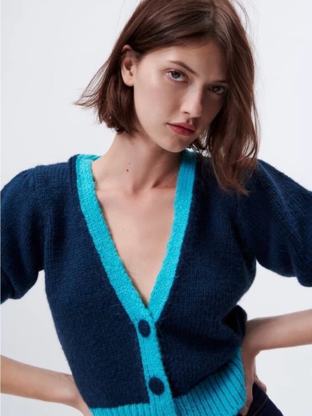 Zara Navy V-Neck Sweater with Bright Turquoise Trim